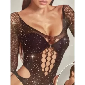 A Women's Sexy Bodysuit With Rhinestones in a black fishnet bodysuit.