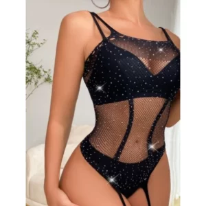A woman wearing The Black Swan Lingerie, a black fishnet bodysuit with rhinestones.