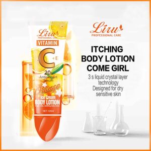 A tube of Liru Vitamin C Ice Cream Body Lotion with oranges and oranges on it.