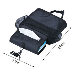 An image of a black Backseat Cooler Container Organizer with measurements.
