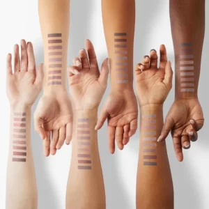 Swatches of different shades of eyeshadow on a white background.