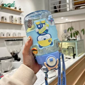A person holding a Adjustable Strap Kids Water Bottle with a lanyard.