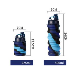 Blue and black portable foldable water bottle with measurements.
