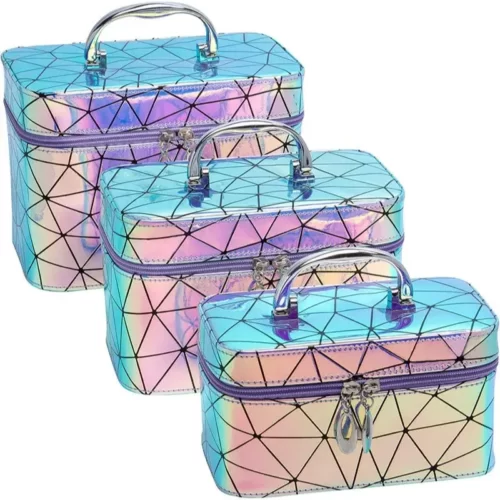 Set Of 3 Holographics Pu Makeup Vanity Cosmotic Bag