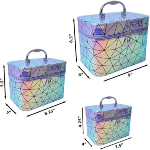 A set of three holographic makeup bags with handles.
