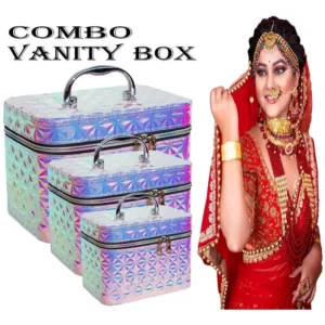 A woman in a wedding dress is holding a vanity box.