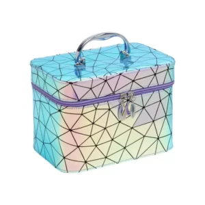 A holographic makeup case with a handle.