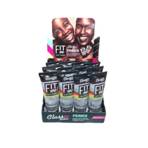 A box of Face Primer Makeup fit tanner in a display case.