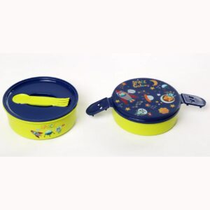 A blue and yellow Kids School Lunch Box And Water Bottle Set with a spoon and fork.