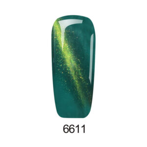A green nail with green glitter on it.