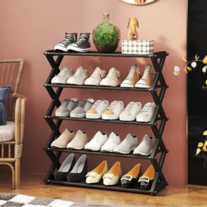A 5 Layer Shoe Rack X Type Firm Stainless Steel with several pairs of shoes on it.