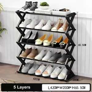A 5 Layer Shoe Rack X Type Firm Stainless Steel with several pairs of shoes on it.