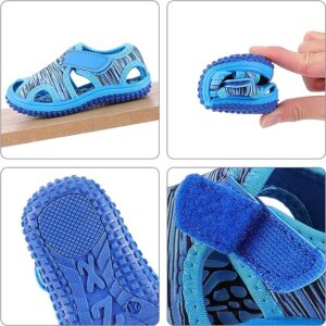 A series of pictures showing how to put on a pair of blue sandals.