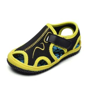 A pair of children's sandals with yellow and black accents.