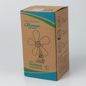 A cardboard box with a Mini Clip Electrical Table Fan.