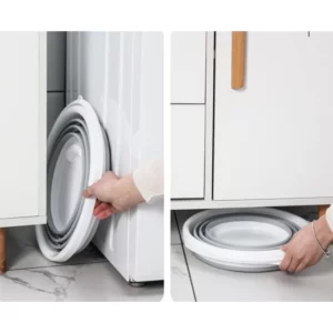 Two pictures of a person opening the door of a Plastic Folding Bucket.