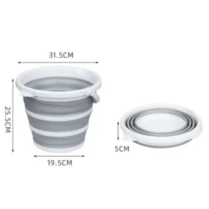A Plastic Folding Bucket with a lid and a measuring cup.