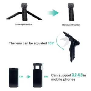 A smartphone with a camera attached and the Smartphone Vlogging Video Kit Microphone + Tripod +Led Light.