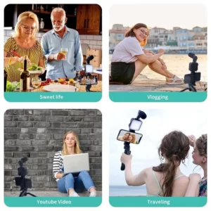 Four pictures of people using a Smartphone Vlogging Video Kit Microphone + Tripod + Led Light to take pictures and videos.