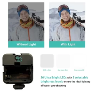 A photo of a skier with a Smartphone Vlogging Video Kit Microphone + Tripod + Led Light on his head captured using the video kit.