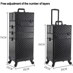 Two black 4 In 1 Large Capacity Trolley Makeup Travel Cases with measurements for the number of layers.