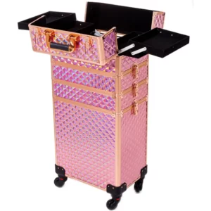 A pink 4 In 1 Large Capacity Trolley Makeup Travel Case with a black top.