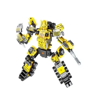 A yellow and black toy robot on a white background.