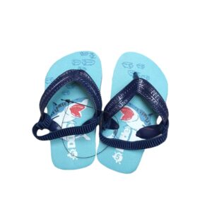 A pair of blue flip flops with sharks on them, also known as Kids Non-Slips Slippers.