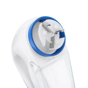 A white and blue blender on a white surface.