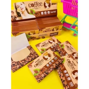 A box of coffee masks on a yellow background.