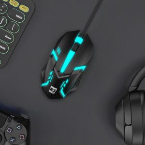 A Gaming Mouse Adjustable Dpi With Backlights and headphones on a table.