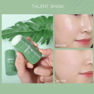 A woman is demonstrating how to apply the Deep Cleaning Mud Mask Stick to her face.