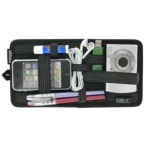 A Grid-It! Vehicle Storage Plate Accessory Organizer with pens, pencils, and a camera.