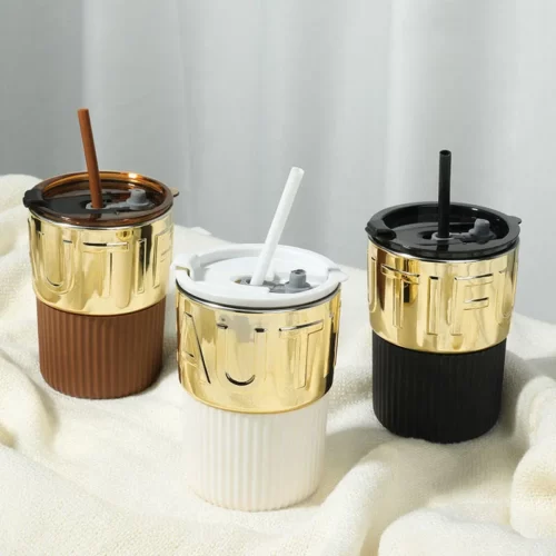 Electroplating Coffee Cup With Lid Straw