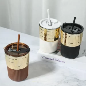 An Electroplating Coffee Cup With Lid Straw and an Electroplating Coffee Cup With Lid Straw.
