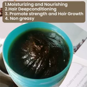 A cup with a bottle of Chebe Hair Grow/Hair Food conditioner in it.