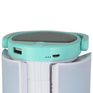 A blue and white Portable Rechargeable LED Light with a usb port.