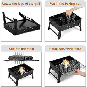 A set of pictures showing how to use a Portable Barbecue Grill.
