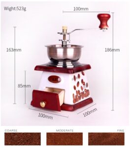 A Retro Coffee Grinder with different sizes and measurements.