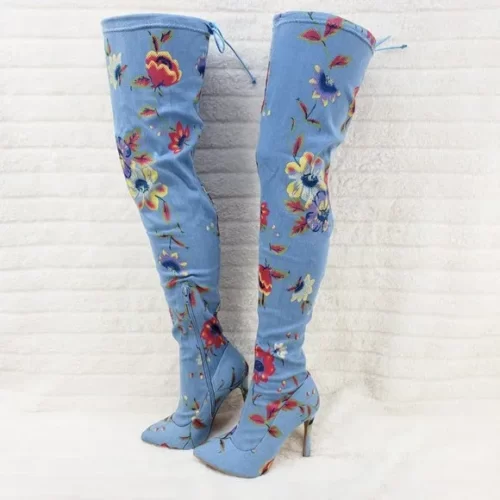 Stretch Floral Print Denim Draw String Top High Heel Boots