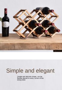 A wooden wine rack with a bottle of wine on it.