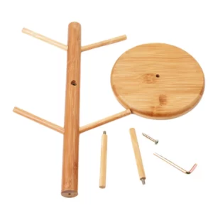 A bamboo wooden six cup holder rack with a pencil and a pen.